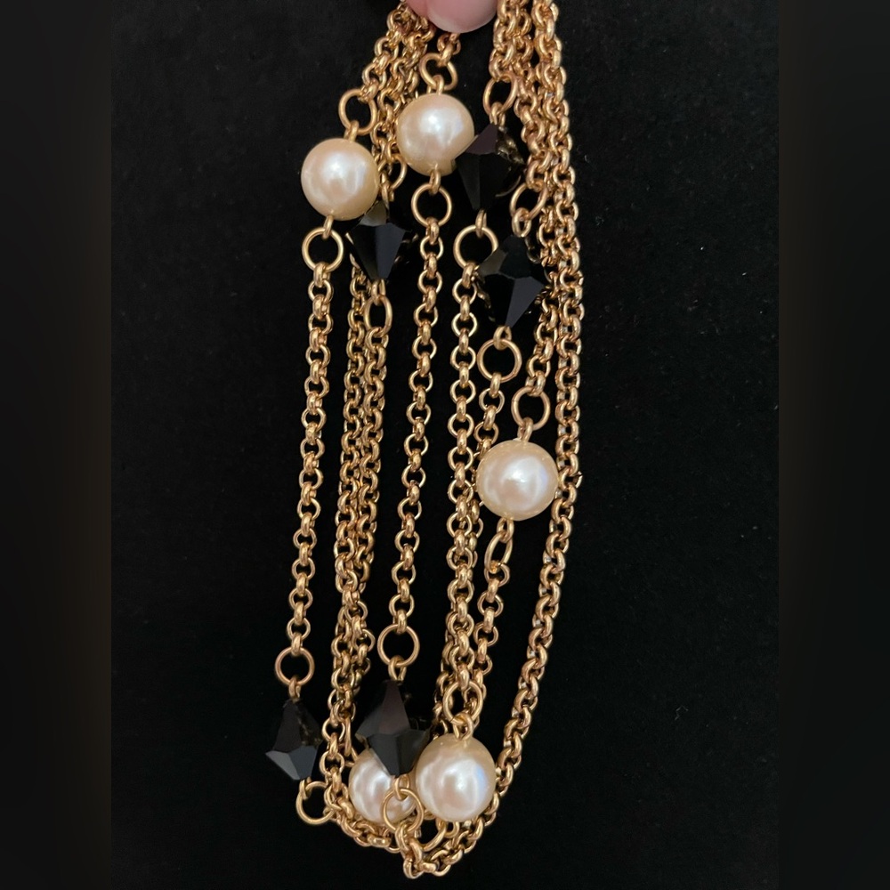 Vintage Faux Pearl and Black Geometric Bead Goldtone Necklace - Picture 3 of 9